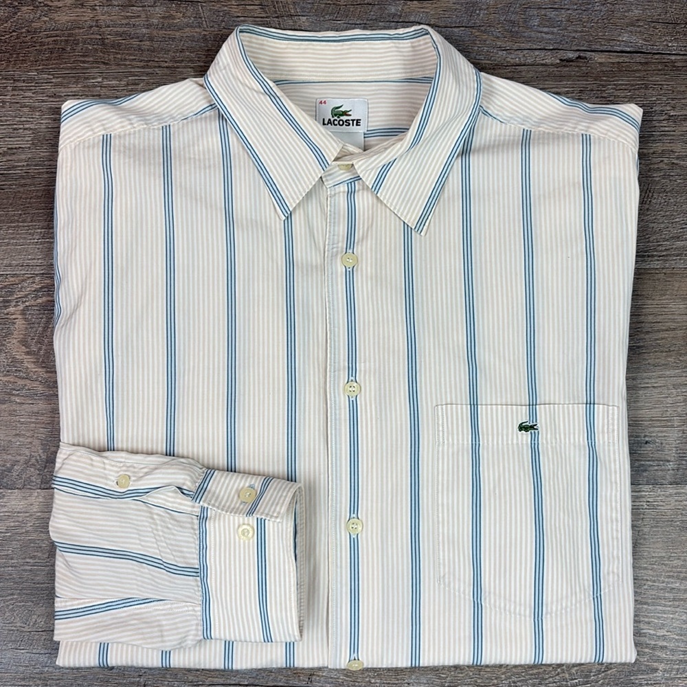 Lacoste Men’s Striped Button Down Shirt XXL Beige Blue Cotton Classic Fit